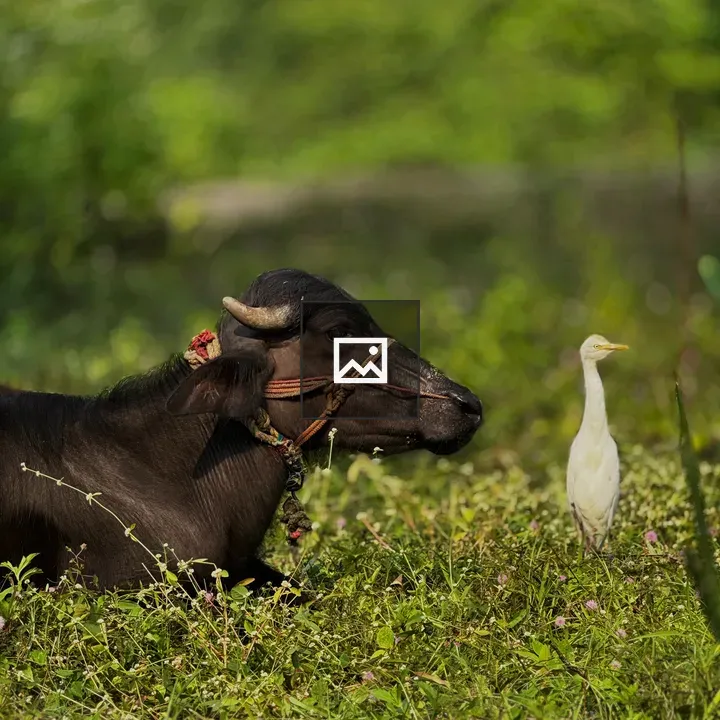 Buffalo and Egret in Grassland