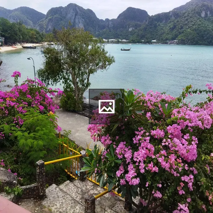 Hillside lake with bougainvillea