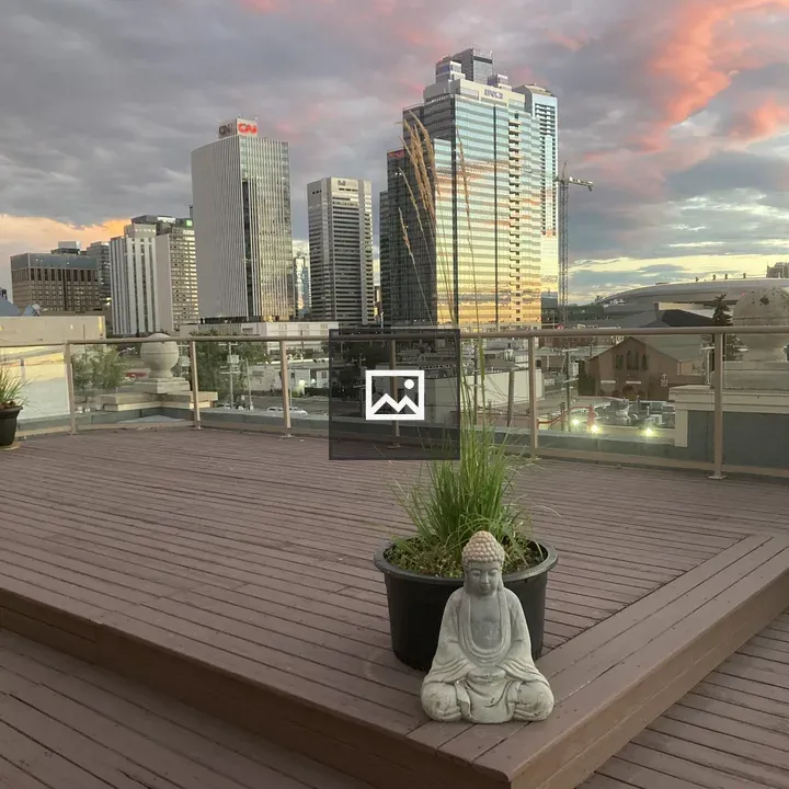 Rooftop deck with plant and Buddha statue