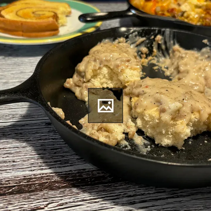 Closeup of biscuits and gravy