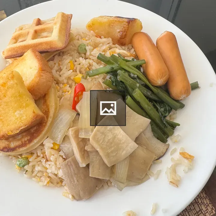 Breakfast Plate with Fried Rice and Waffles
