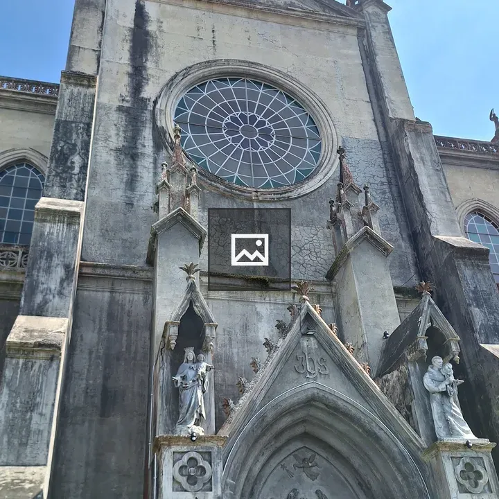 Historic church facade from below