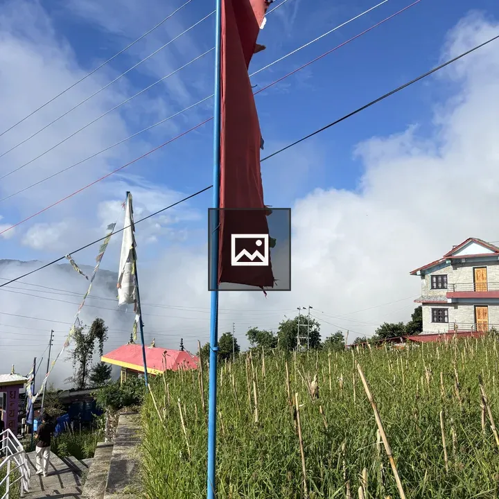Blue flagpole with tattered red flag