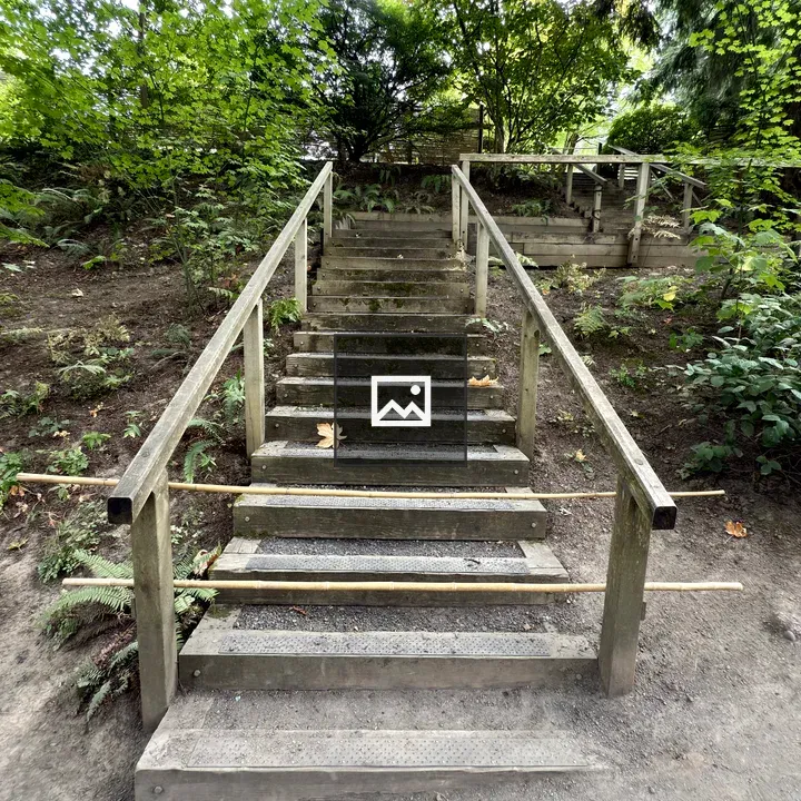 Rustic wooden staircase in Japanese Garden