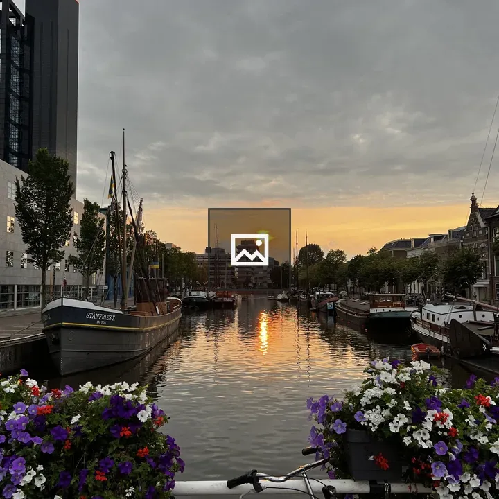 Sunset over Leeuwarden canal boats