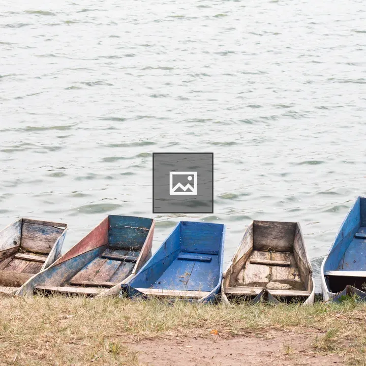 Row of blue and red fishing boats