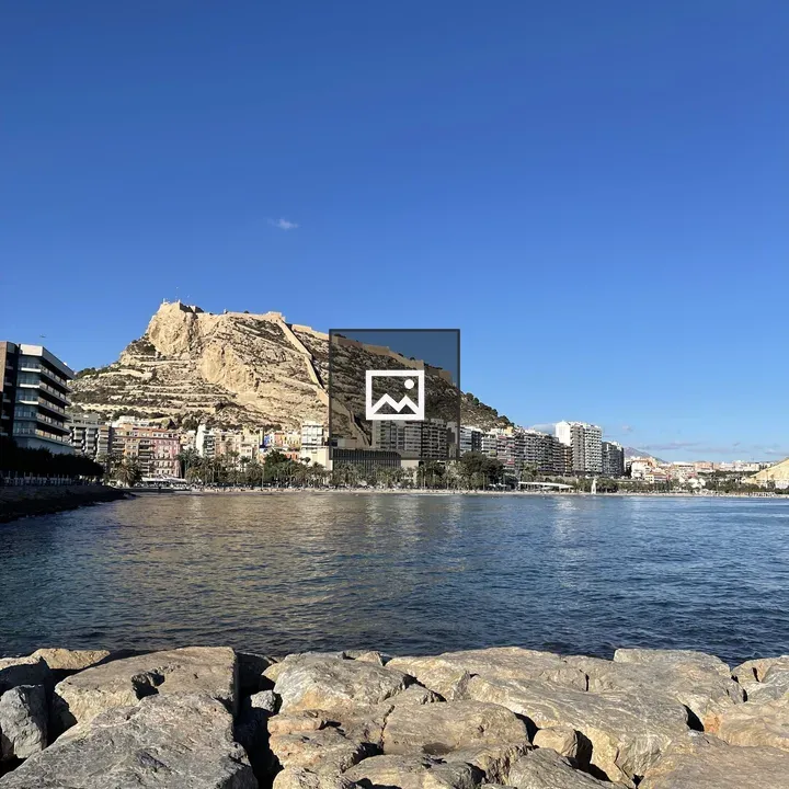 Rocky shoreline with city skyline