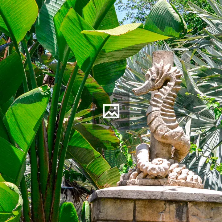 Sea horse sculpture in trees