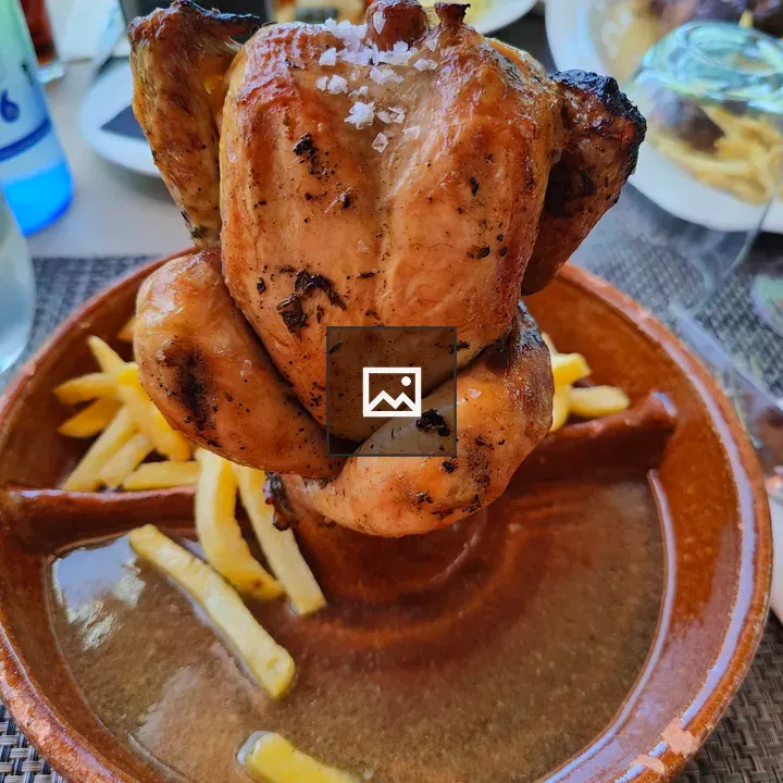Roasted chicken with fries on plate