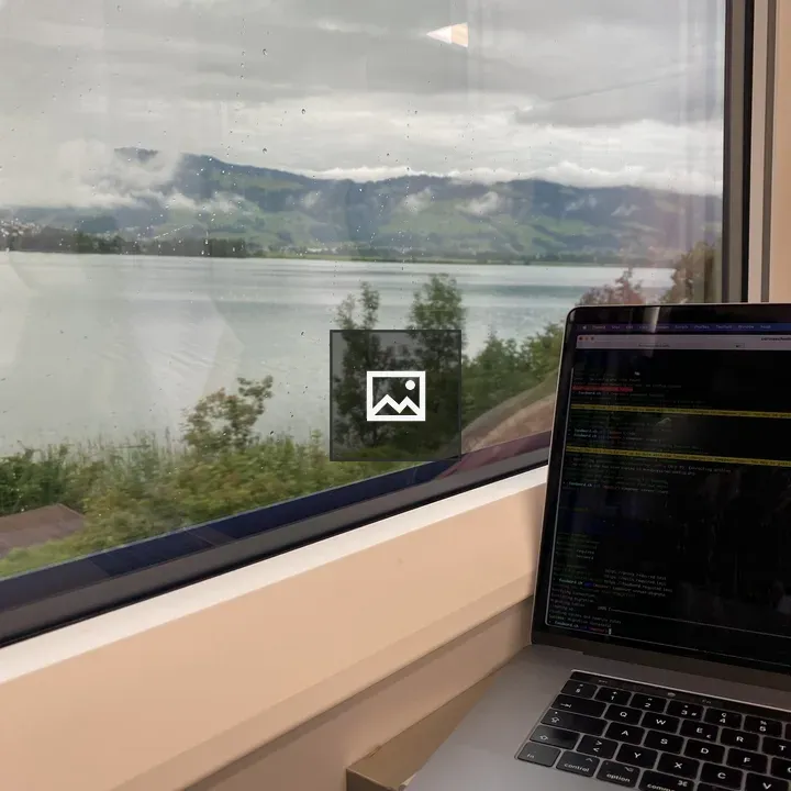 Train travel with laptop and lake view