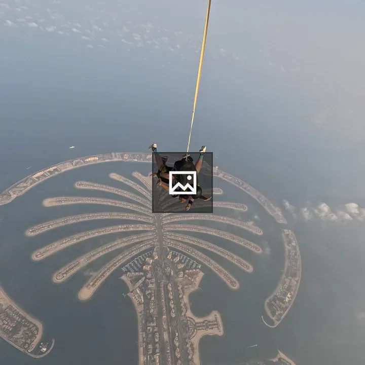 Aerial skydivers over palm island