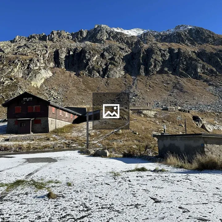 Snow-dusted cabin landscape