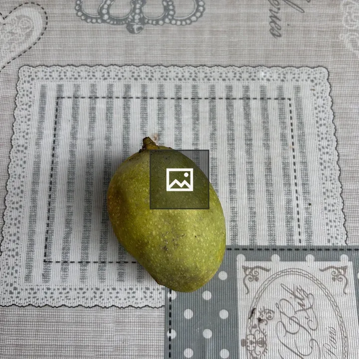 Unripe Mango on Patterned Tablecloth