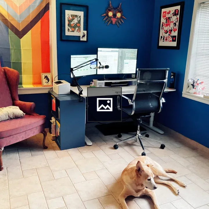 Home office with dog and Pride flag