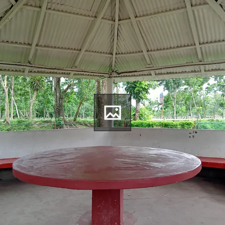 Open Pavilion with Red Table and Benches