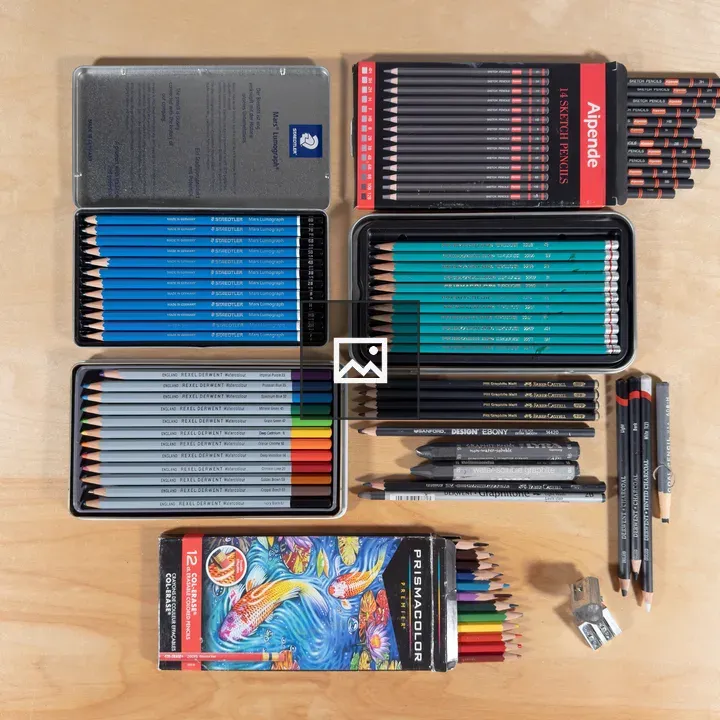 Drawing pencils assortment top view