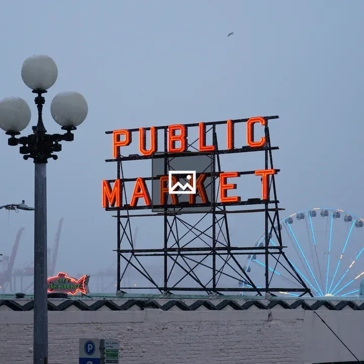 Foggy market sign in Seattle