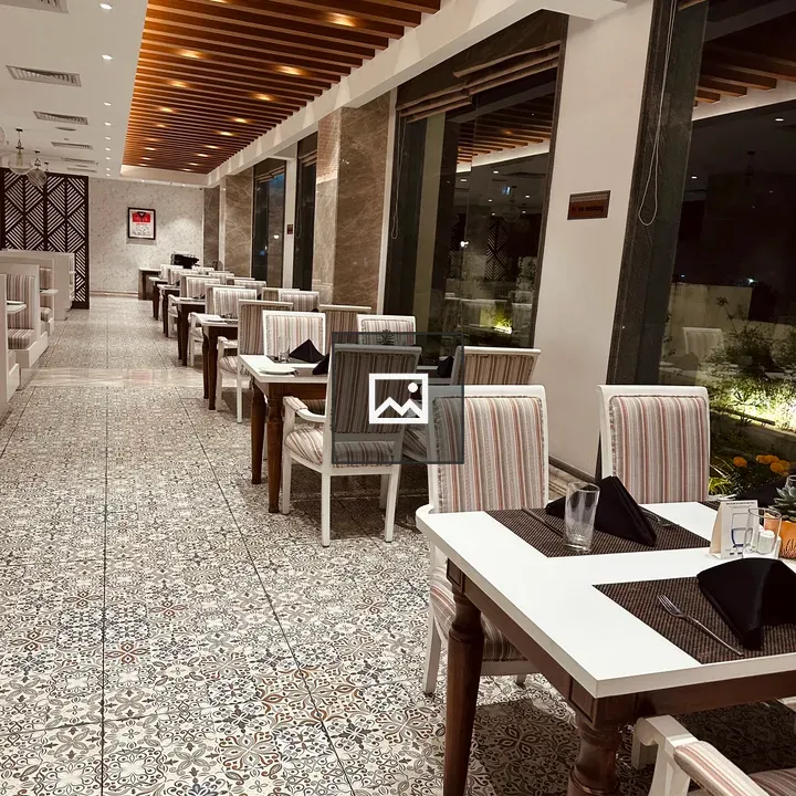 Restaurant interior with striped seating