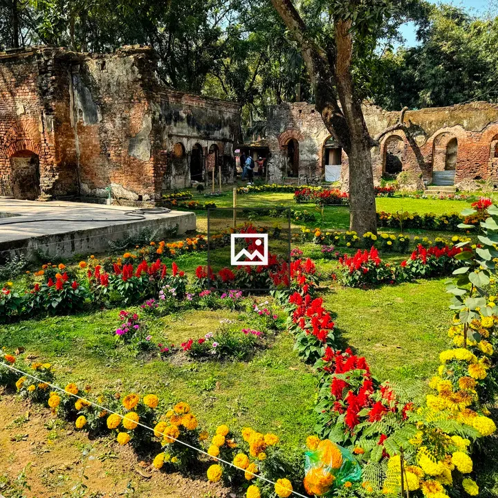 Flower garden and historic building