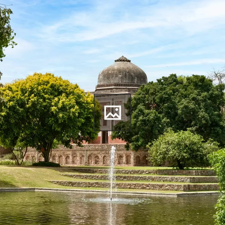 Serene garden with fountain and dome