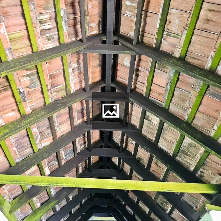 Sloped clay tile roof with moss