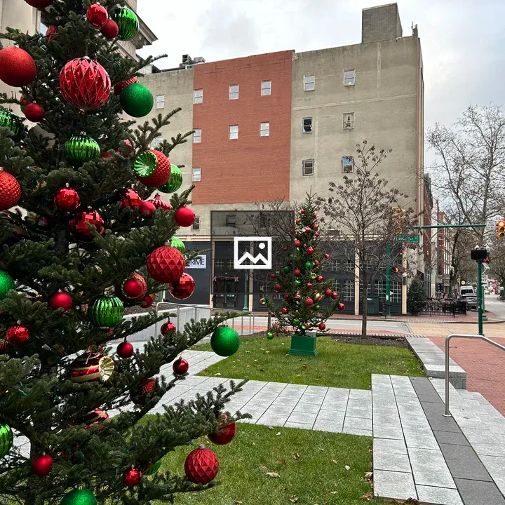 Holiday decorations at public library courtyard