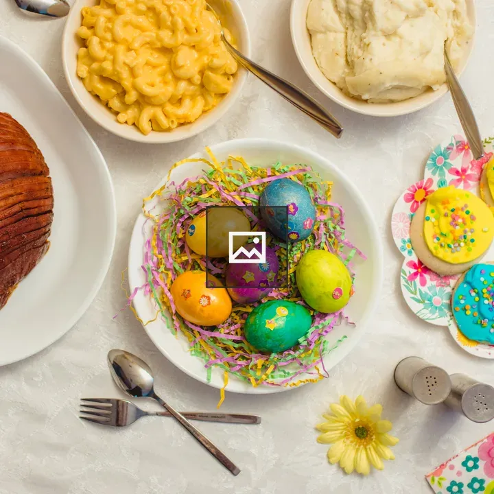 Flat lay Easter eggs and brunch