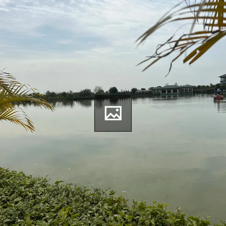 Lake scene with greenery and buildings