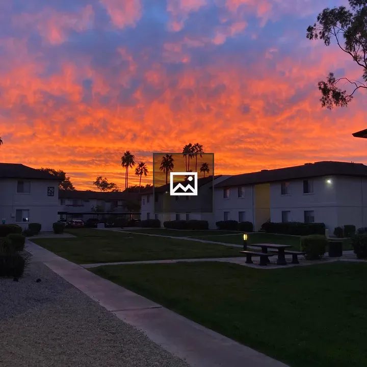 Sunset over apartment building