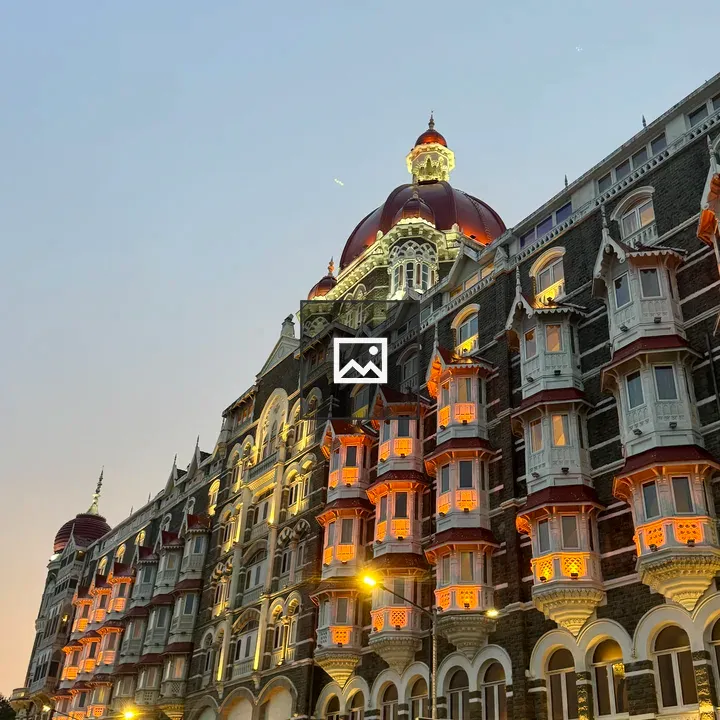 Heritage hotel facade at dusk