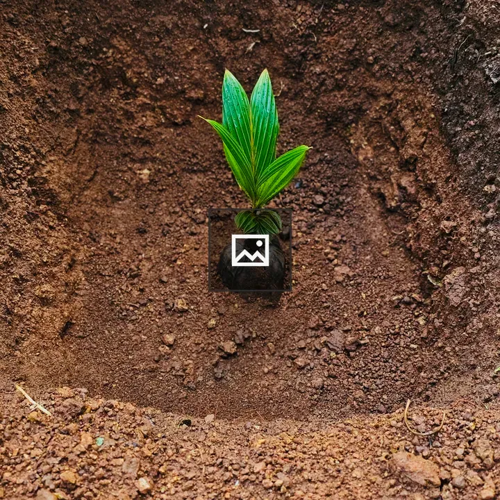 Young coconut seedling in soil pit