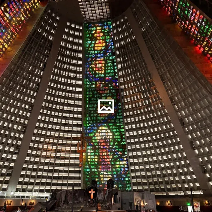 Interior of modern church with stained glass