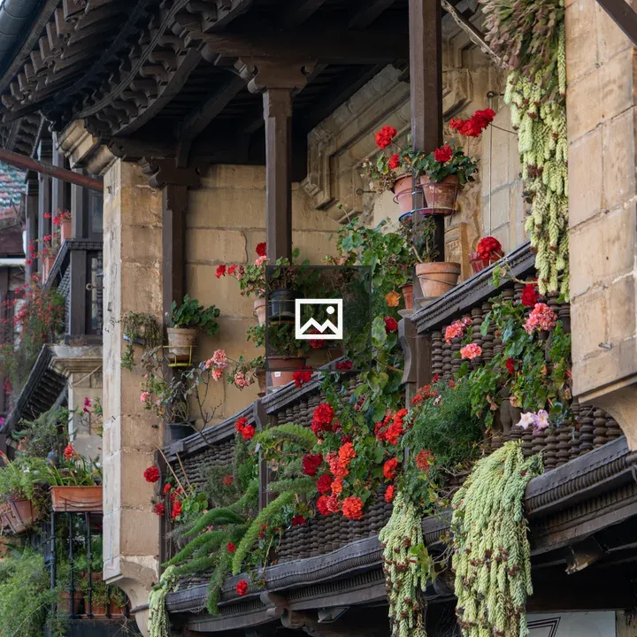 Wooden Balcony with Flower Pots