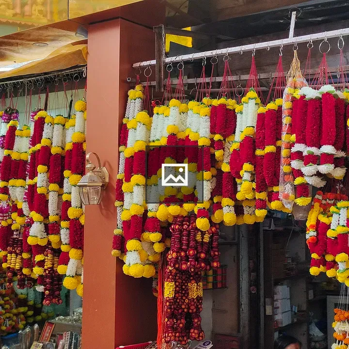 Colorful garlands in marketplace