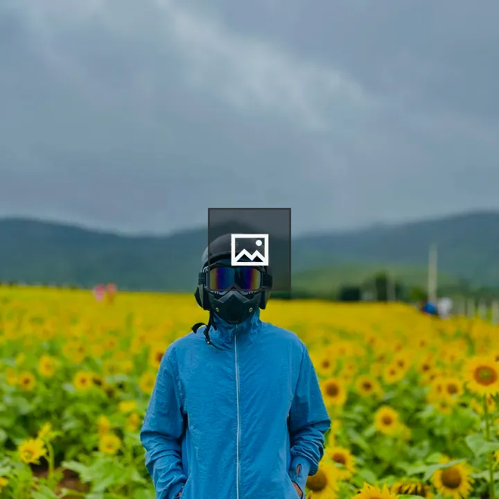 Man with Motorcycle Helmet in Sunflower Field