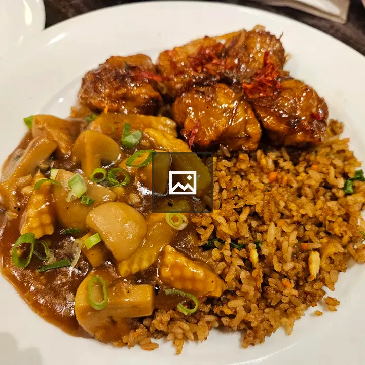 Plated meal with chicken and rice