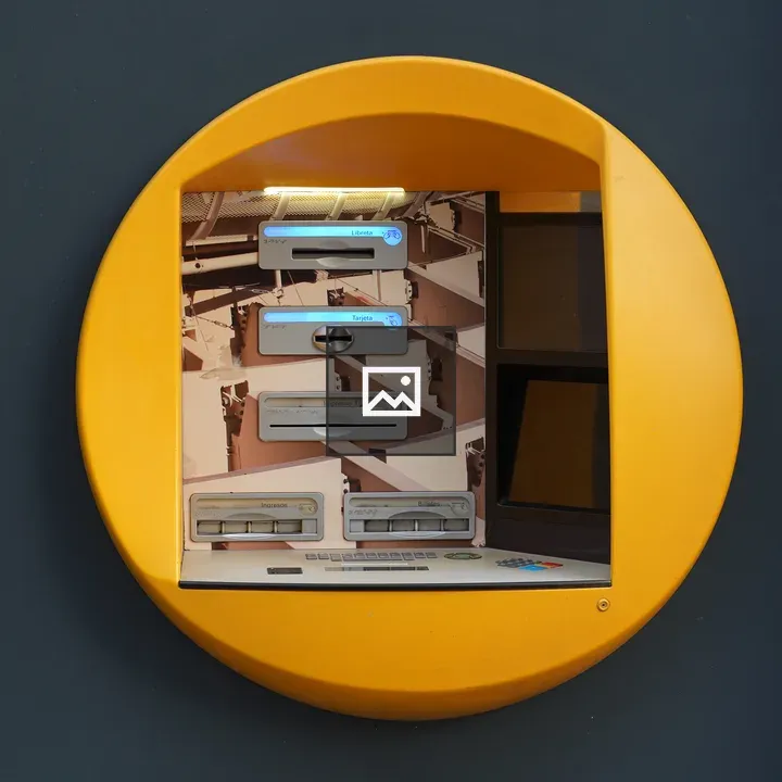 Yellow ATM on blue wall