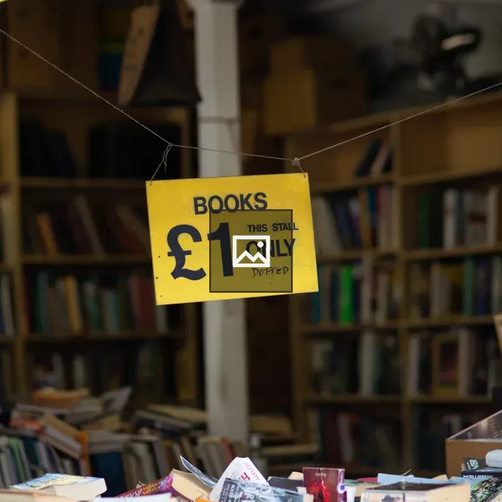 Books and signage in bookstore interior