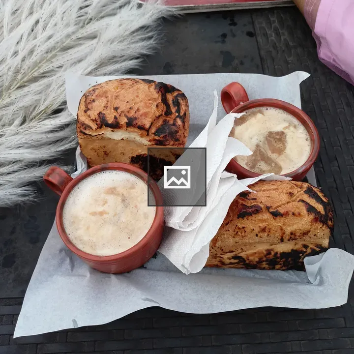 Wooden Tray with Cups and Bread