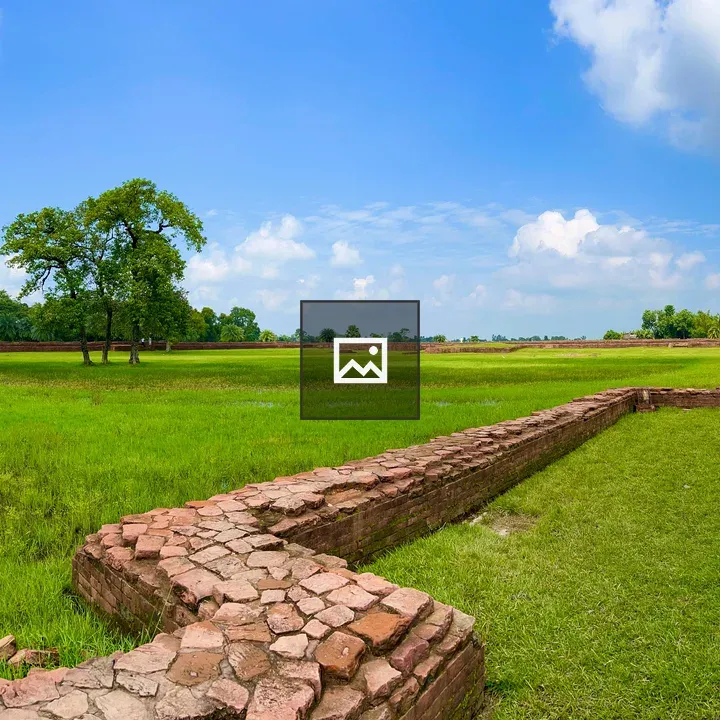 Panoramic field with ancient ruins