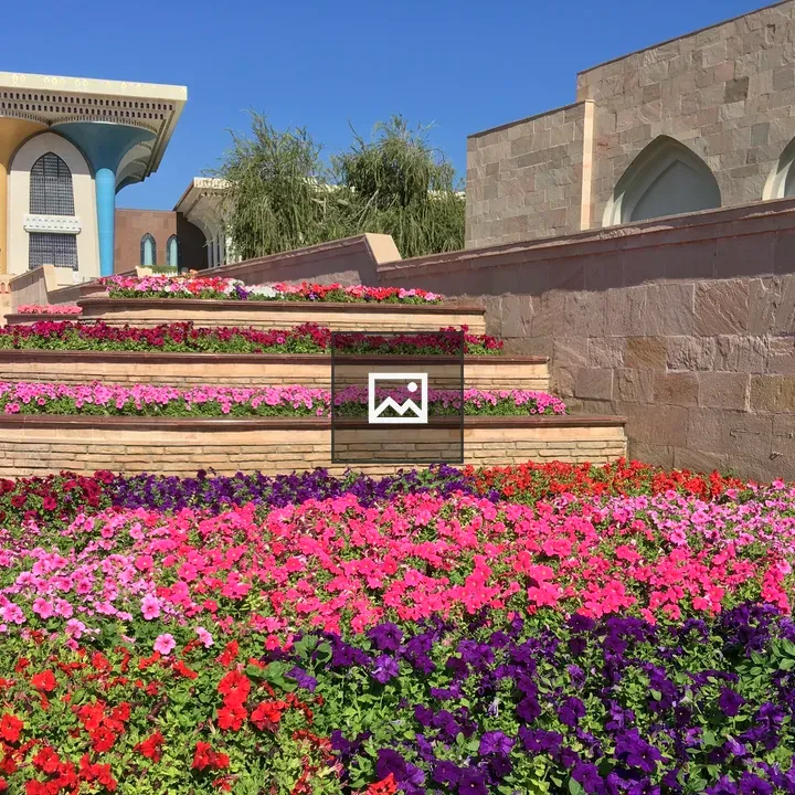 Flowers on stone steps with blue sky