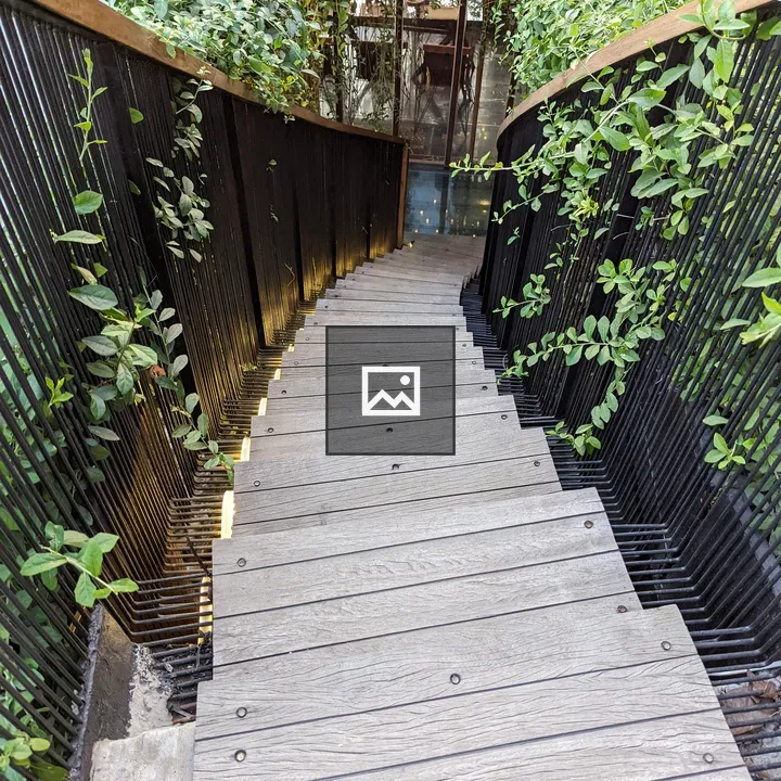 Wooden stairs and vines leading to dining area