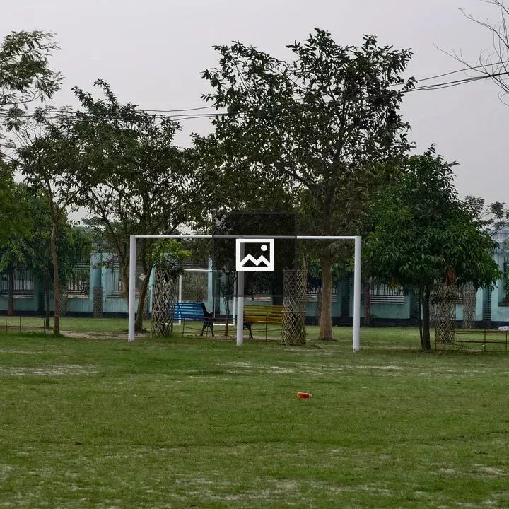 Green park field with trees and goal post