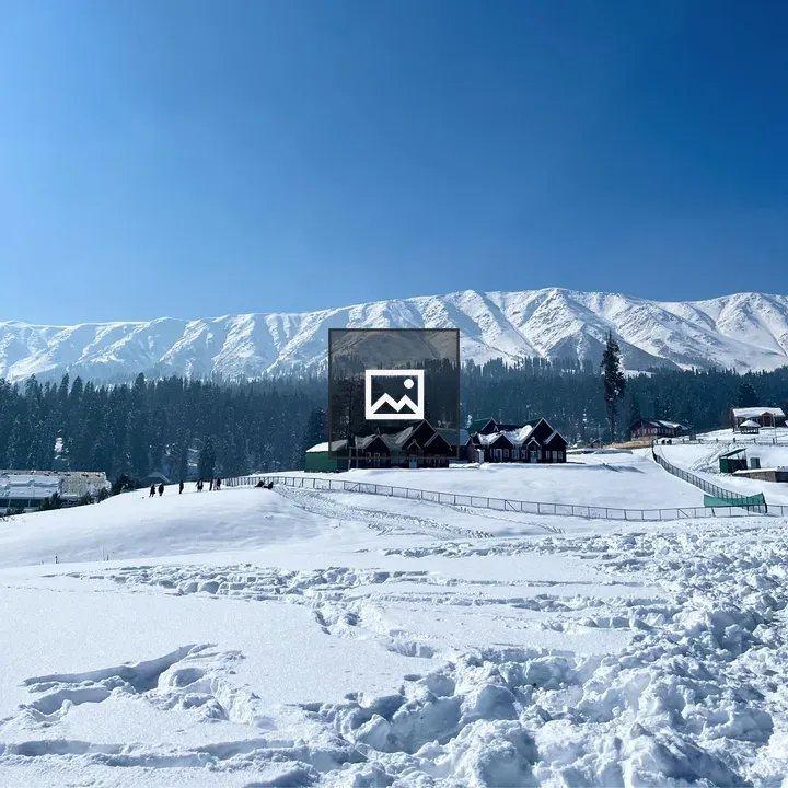Snowy valley with house and pines
