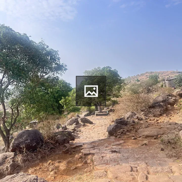Winding stone path through rugged landscape