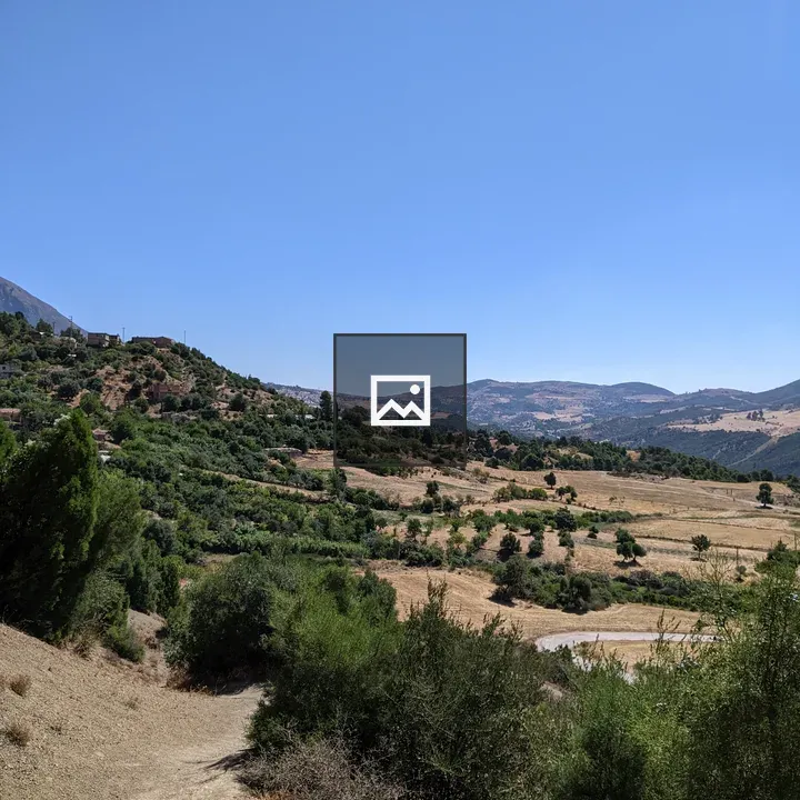 Landscape with hills and distant mountains