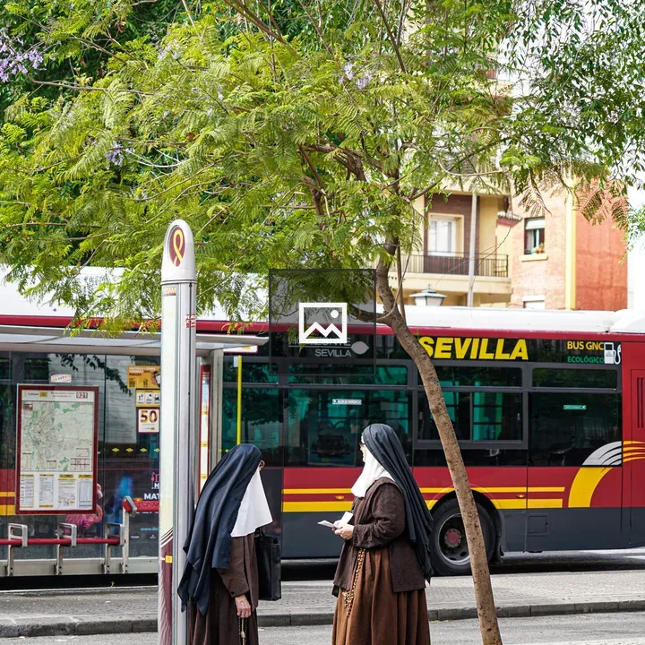 Two nuns near a bus stop