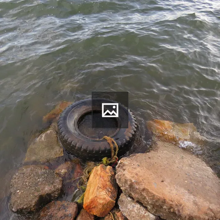 Weathered tire among rocks by Lake Victoria