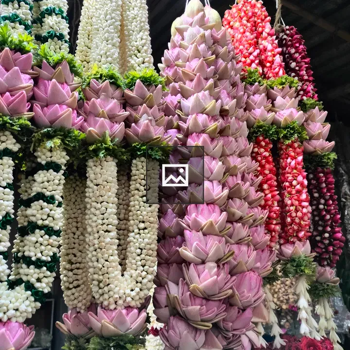 Hanging garlands at flower market