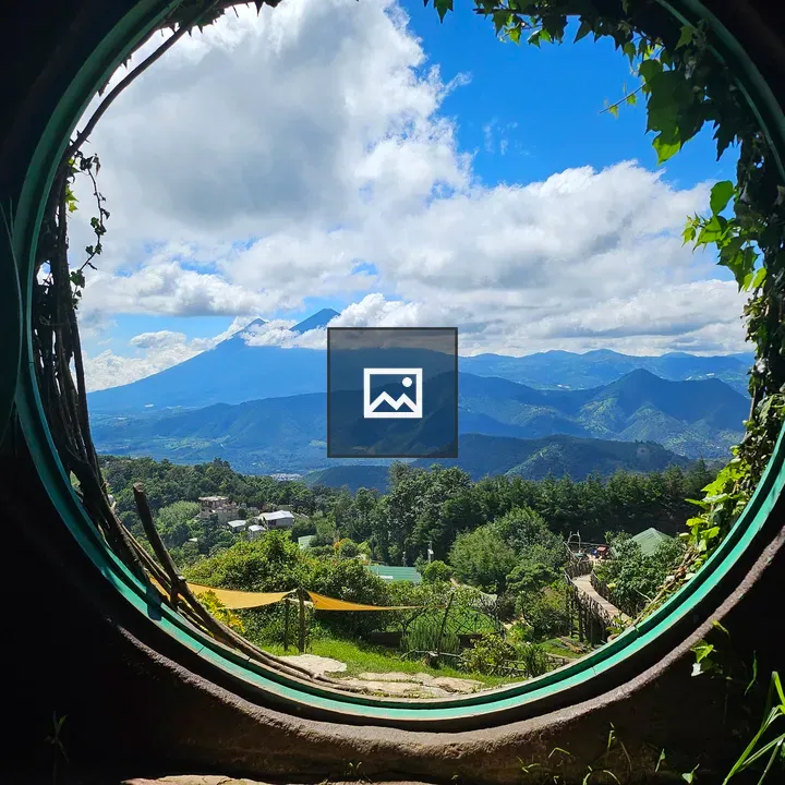 Circular window with greenery landscape